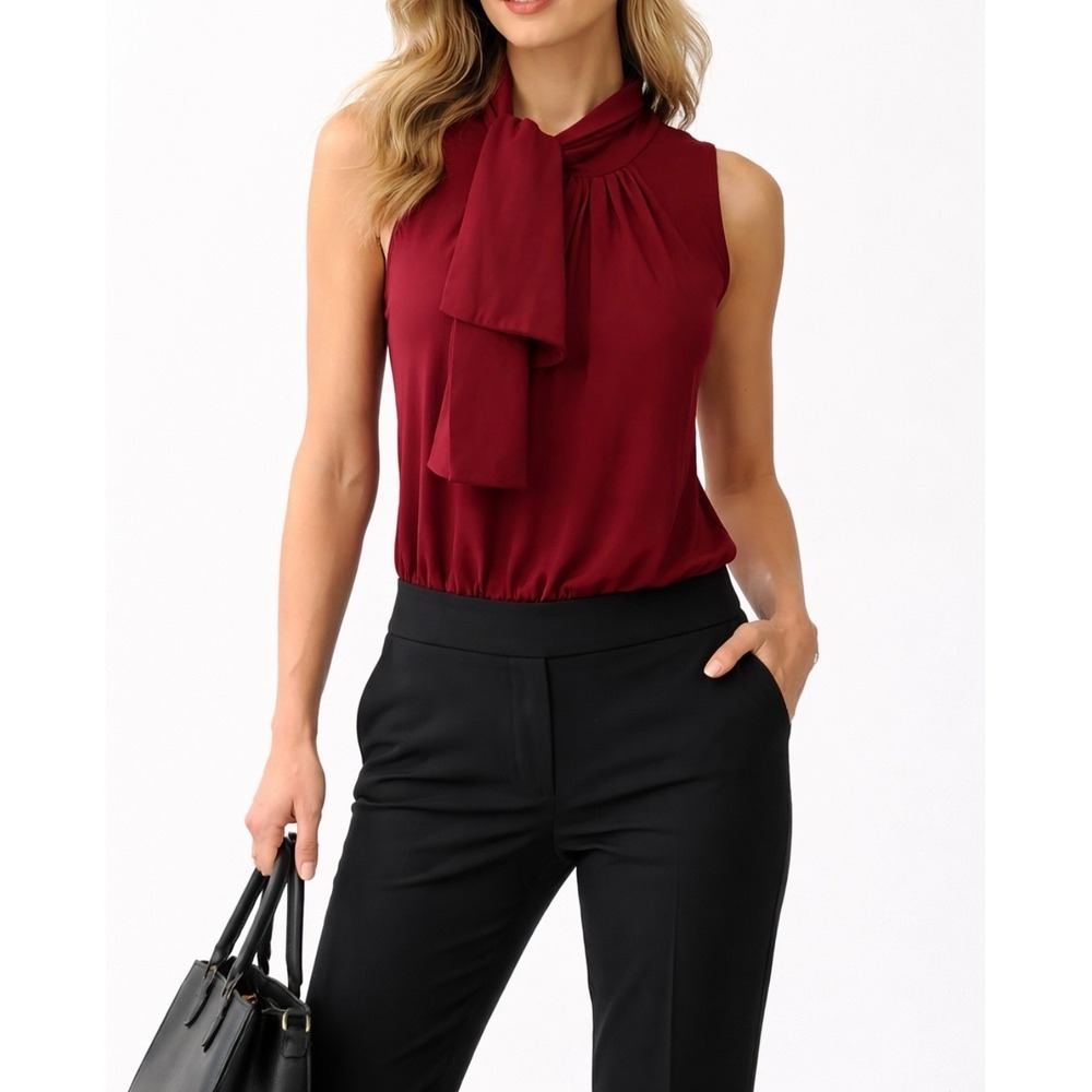 Burgundy Tie Neck Blouson Sleeveless Blouse Size Medium Classic Workwear Topwear